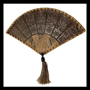 Vintage Tooled Leather Famous Landmarks Souvenir Fan 12”x7” Wall Decor